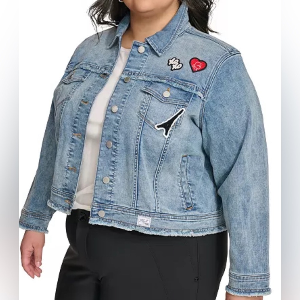 Karl Lagerfeld Plus Size Patch-Trim Denim Jacket